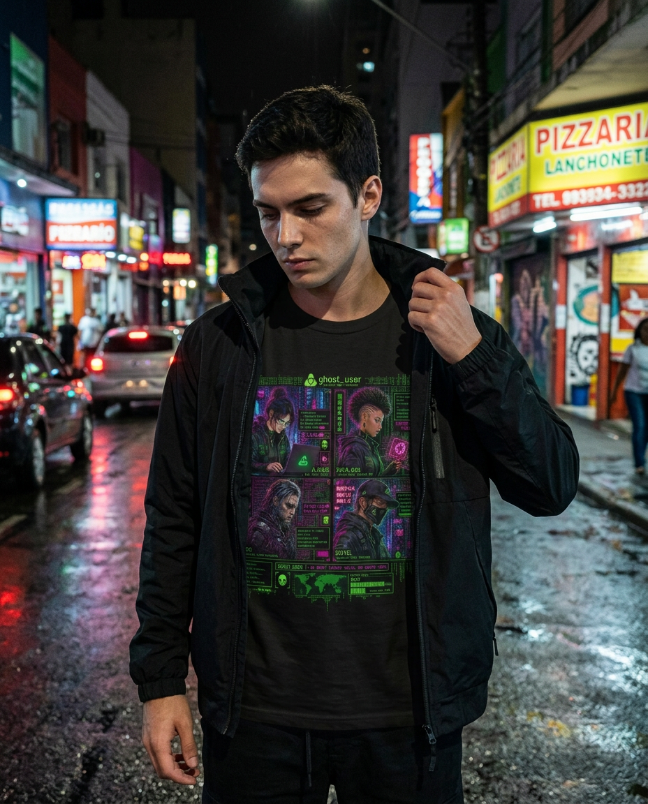 Modelo vestindo camiseta preta de algodão com estampa Ghost Protocol na frente