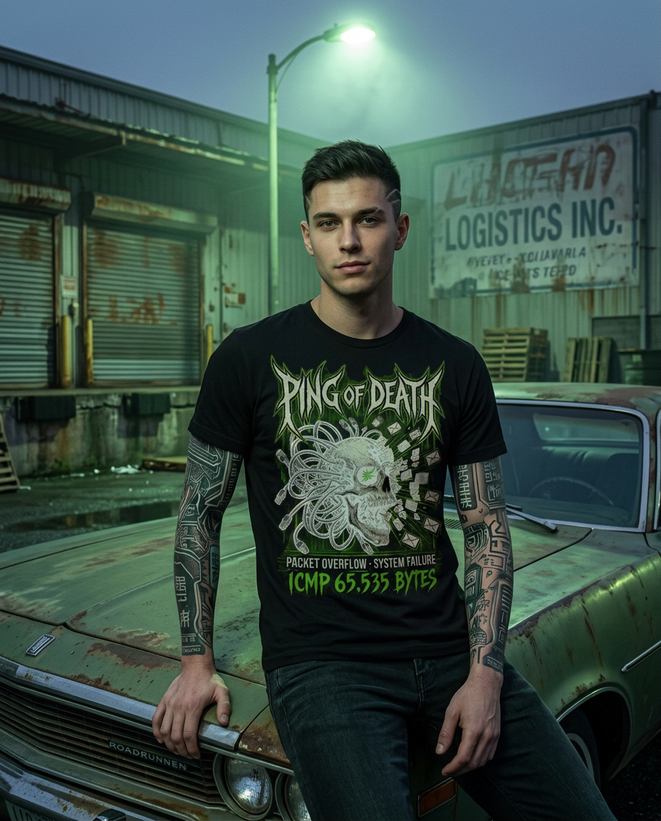 Modelo vestindo camiseta preta de algodão com estampa Ping of Death na frente