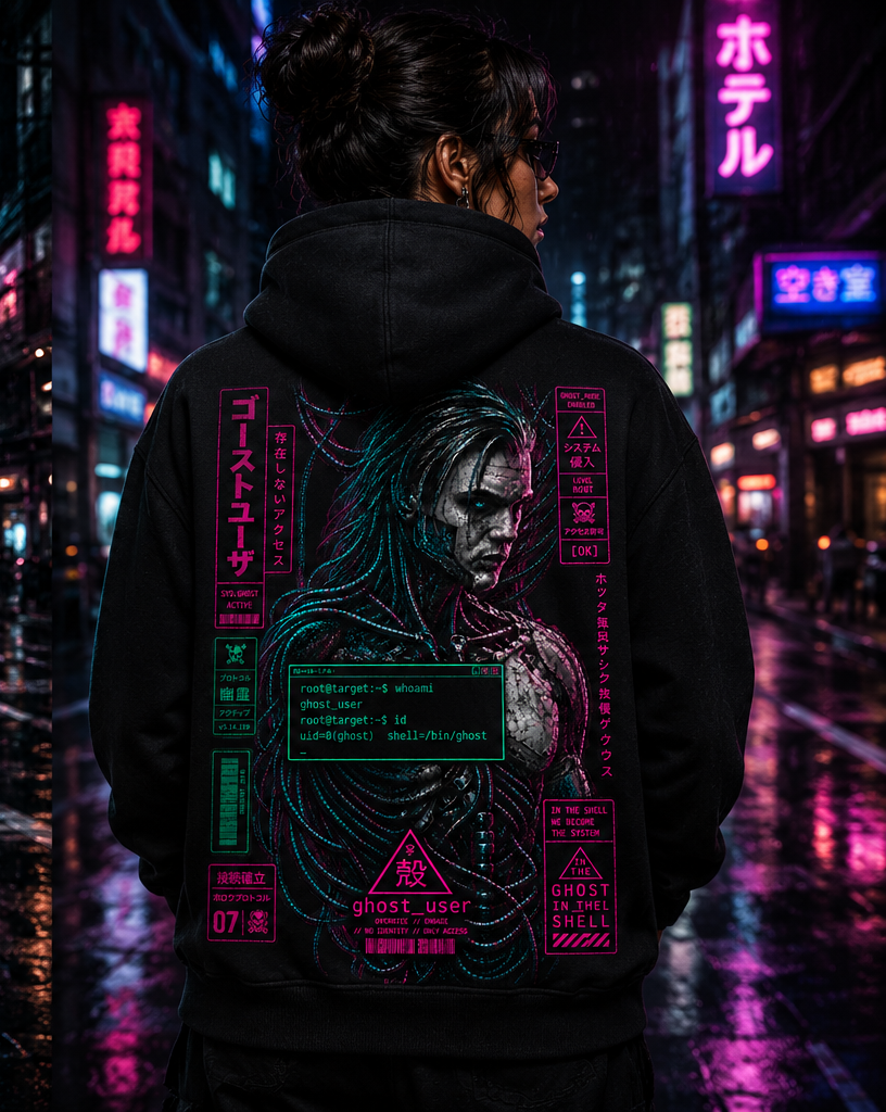 Modelo usando hoodie ghost_user em cenário cyberpunk